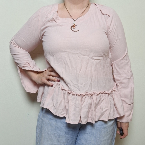 Anthropologie Cloth and Stone Tie Back Pastel Pink Peplum Long Sleeve Blouse - Picture 1 of 10